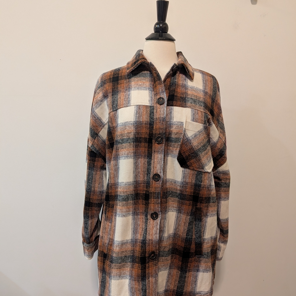 Zenana Brown And Cream Plaid Shacket With Pockets Women's Size Medium